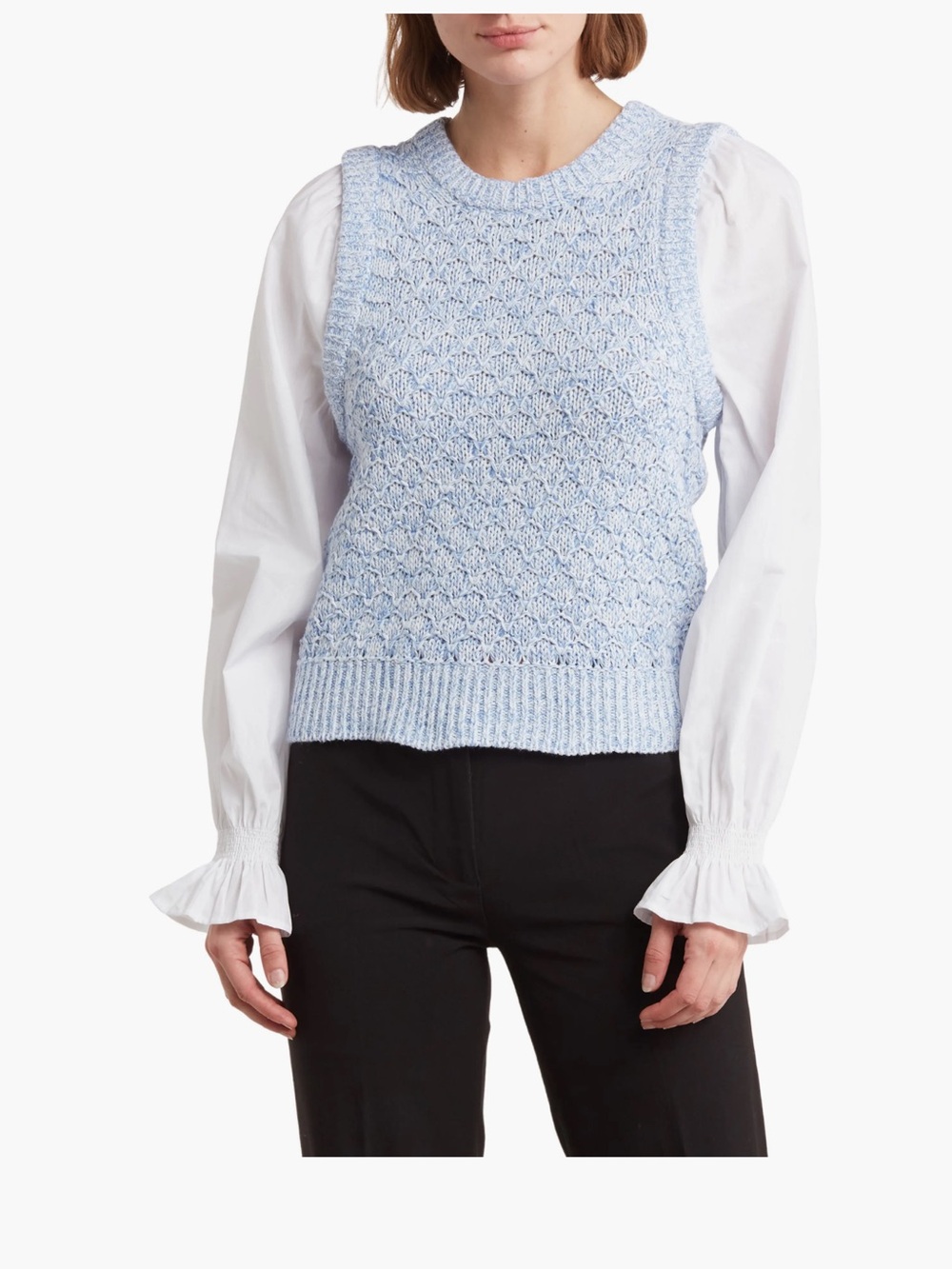 French Connection Klara Long Sleeve Sweater Vest Twofer Shirt